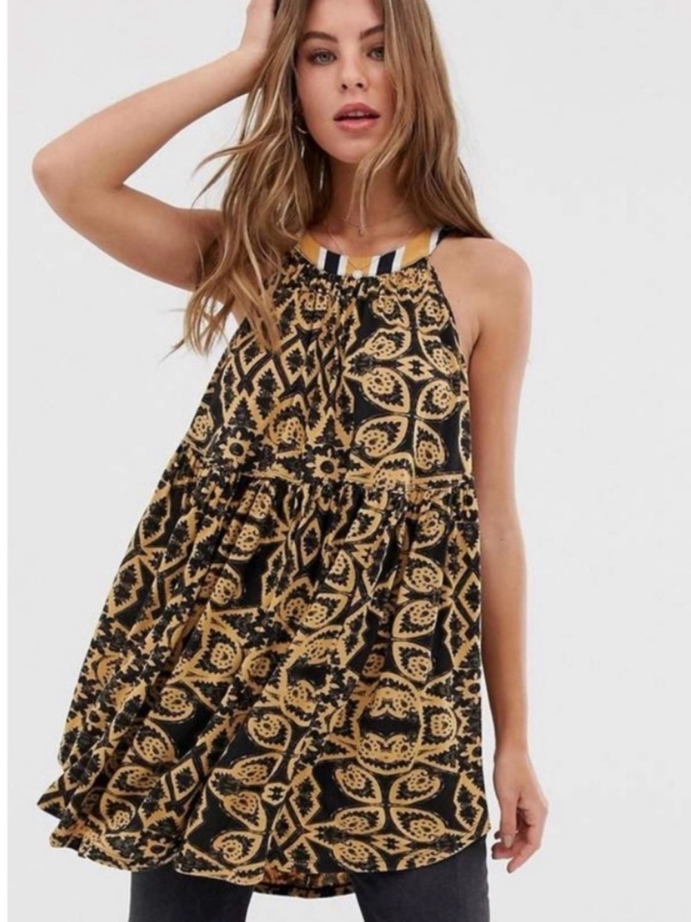 Free People Black and Tan Printed Halter Tank